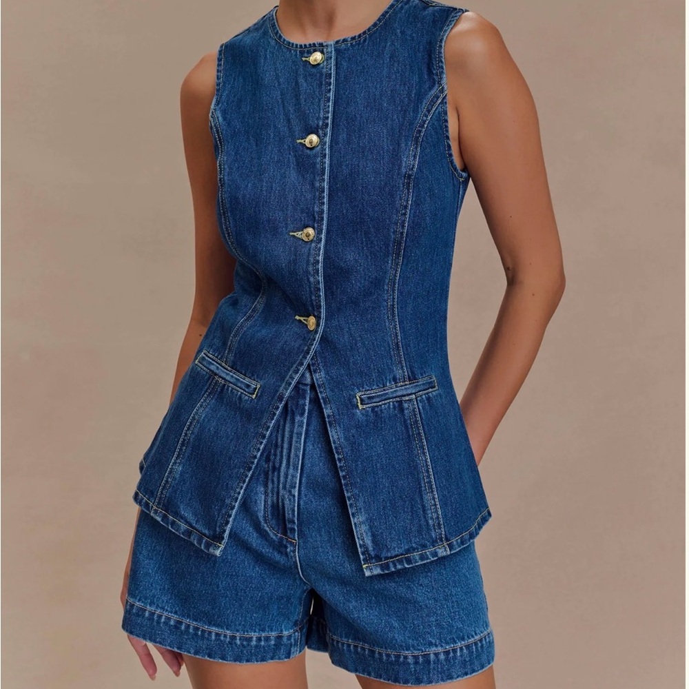 Meshki Dark Blue Denim Vest and Shorts Set